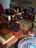 Large assortment antique, vintage and modern boxes in various materials--metal, papier mache, wood, lacquer.
