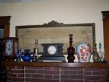 Antique framed tapestry, mantle clock, Bohemian glass decanters (cut red to clear), old ginger jar, etc.