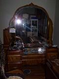 Mid-century waterfall set--dresser with large mirror, headboard and footboard, nightstand.