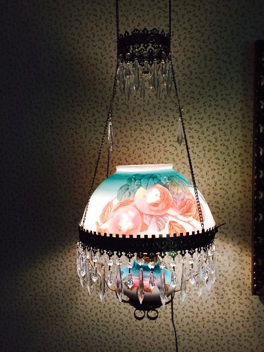 Hanging Vintage Lamp.  Hand Painted globe, Glass prisms.