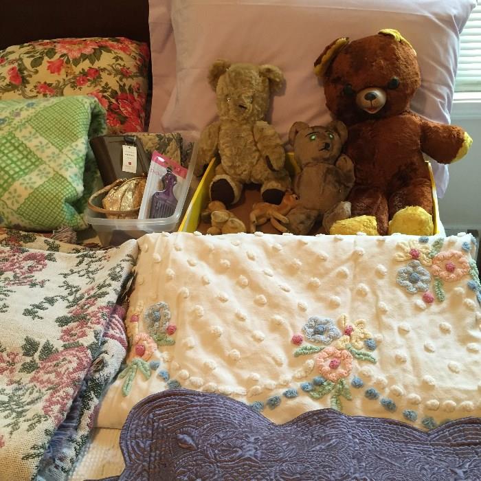 Old Teddy Bears.  Chenille Bedspread