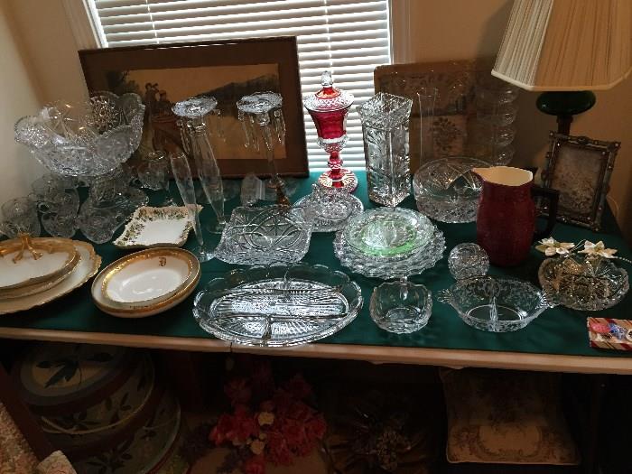 American Fostoria, Artwork,  Punch Bowl.  Crystal etched candlesticks with prisms..  Cranberry Glass.  Very nice lead glass.