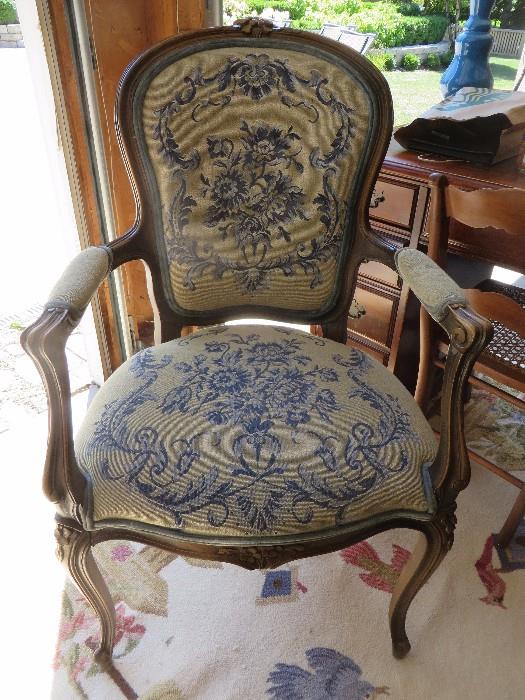 FRENCH OPEN ARM CHAIR
WITH BLUE FLORAL NEEDLEPOINT
