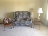 Adorable high back loveseat with "farm" upholstery, pair of fantastic Heywood Wakefield end tables
