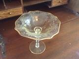 Yellow depression glass compote with gold rim