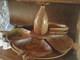 Unique Mid-Century mod carved wooden dishes--with Pineapple centerpiece 