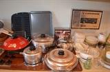 Unused WOK, Vintage pots & Pans, Corningware, Pyrex bowls.