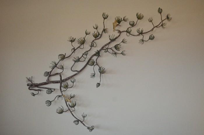 Graceful Metal Wall art, Pine branch with birds, about 4' wide