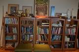 Books, Artwork, Book Ends, Green slubby silk covered ottoman's, Acupuncture Figures (right top).  Book shelves are not for sale.