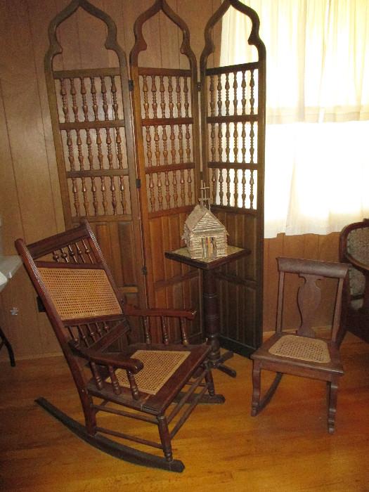 1940s Ladies and Child's Rocking Chairs.  Three Panel Room Divider, Oak Lamp/Plant Stand and Fabulous Handmade Church By Mr. Wieland