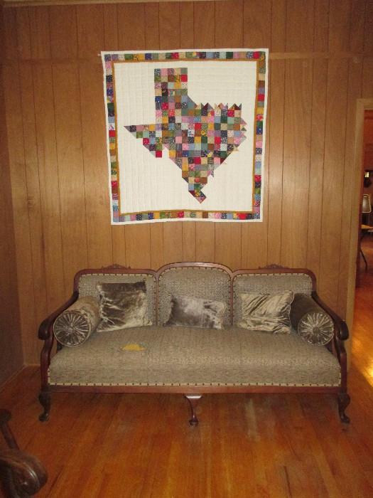 Vintage Couch that has matching chairs and lovely Texas Quilt by Mrs. Wieland