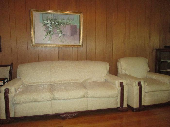 Vintage Oversized Art Deco Couch and Oversized Chair