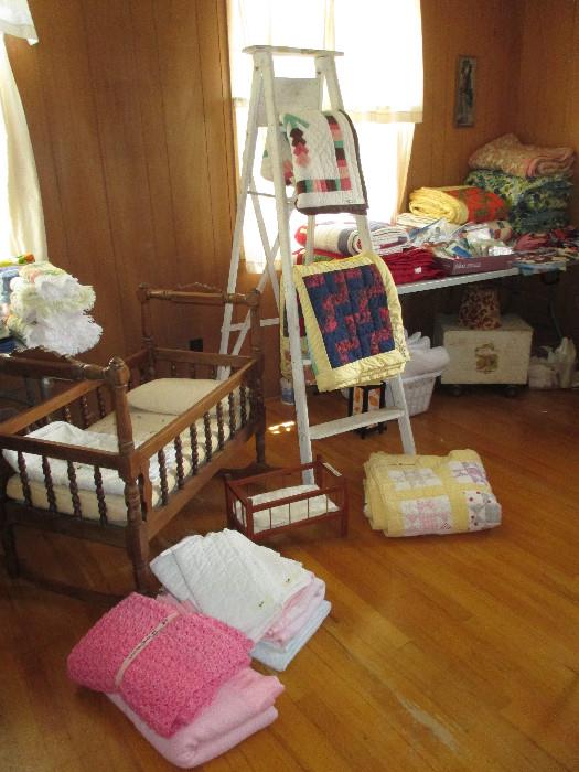 Full Size Baby Cradle With Mattress and Pillow, Doll Bed, Shabby Chic Ladder, Quilts, Baby Linens
