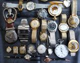 Nice Selection of Watches, a working Vintage Ollech & Wajs Soldier style watch in excellent condition, working High End Vintage Timex in excellent condition, a working Hunter's Case Colibri Pocket watch with exposed movement, a working Gallet Stop watch, working Vintage Benrus watches, Bulova, Omega, Sheffield, Elgin, Titan, and Dynasty