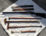 LeFever Shotgun, Very Old Hand Made Canes, Brass Eagle Head Cane, Leather Strops, and old long handled fork