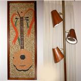 Mid Century Modern Teak Pole Lamp and Pebble Guitar Art