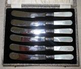 Antique Sheffield Mother of Pearl Set of Knives in Original Snakeskin Box