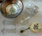 Sterling Compote, Glass Knife Rests, Mother of Pearl Caviar Spoon, Sterling Spoon and Crystal Condiment set