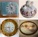 Big Ben Moon Beam Clock, Art Temple Port Hole Clock, Large Petit Point Pin and Italian Jug