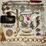 Sterling Silver Charm Bracelet with Old Coins, Bucherer Working Watch, Sterling 1932 High School Pendant, Sterling Scottish Baby's Bracelet dated 1834, Sterling British Horse Shoe Pin dated 1915, Laguna Earrings, Sterling Egyptian? Scarab Pin, Taylor's Eye Witness Knife, Sterling and Synthetic Ruby? Ring, Pin with retractable Ivory Handled Knife, Sterling Crab Pin and more.