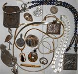 14K and 12K Gold Chain and Pendant, Sterling Silver Flamingo, Very Cool Sterling Silver and Marcasite Mask Pin, Sterling Silver Art Nouveau Brooch marked PPC, Sterling Silver Claddagh Pin, Crystal and Sterling Beads, Sterling Silver Pill Box, Sterling Silver, Onyx and Marcasite Reversible Pendant and Antique English Tea Tin