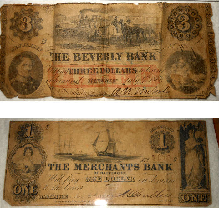 1861 Three Dollar Beverly Bank Note and 1862 One Dollar Merchant's Bank Note