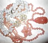 2 Beautiful Pink Jade/Rose Quartz Necklaces with Beads and Pendants and Vintage Faux Shell Necklace and Matching Earrings