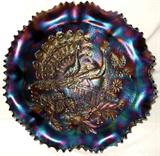 Peacocks on a Fence Carnival Glass Bowl with Stippling and Ribbed Underside with chip-phooey