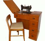 Mid Century Modern Sewing Machine Cabinet and matching chair with a Domestic Sewinig Machine