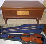 Antique Blanket Chest, Vintage Violin made by Martin Kvetko of Cleveland Ohio, numbered 185 and dated 1930, 2 bows and Violin Case