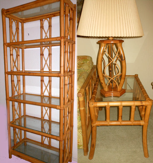 Tall Rattan and Glass Shelving Unit/Bookcase and showing one of two matching Rattan End Tables and one of two matching Bamboo Table Lamps