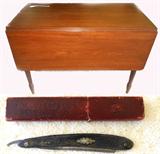 Very Nice Small Drop Leaf Table and close up of straight razor