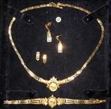 Greek 14K Gold and Lapis Set, Necklace, Bracelet, Earrings and 2 extra links. The Lapis is on the reverse of the center pieces.