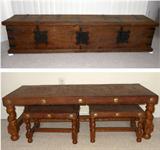 Peruvian Leather Table with 2 Matching Seats; c1940s-50s and Old Spanish Trunk with Great Hardware measuring 78" long.
