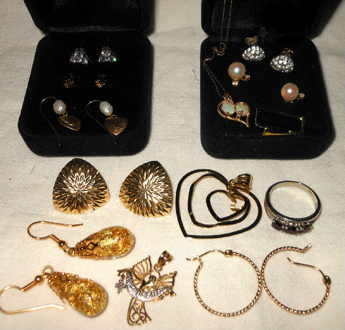 7 Pair of 14K Gold Earrings, 14K Gold Heart Pendant, 14K Gold and Opal Pendant, 10K Gold Ring, 10K Gold Angel Pendant, 1 pr. Swarovski Earrings and Gold Flake Earrings