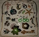 Renoir Matisse Leaf Brooch, Heritage Swiss Pendant Watch in Working Condition, Jade Turtle and Jade Cat Pendants, Sterling Drop Necklace, Sterling Earrings and Pendant Set with Green Jade Hoops, Sterling and Quartz Pendant, Sterling Signed Frog Pin, Sterling Flip Flop Pendant and more