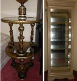 Hollywood Regency Pair of End Tables that match with the Coffee Table in the following photo and Lighted Display Cabinet with Sliding Door