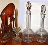 Pair of Toscany Glass Decanters and Carved Wooden Giraffe and Baby