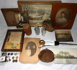 Old Photos and Frames, Old Change Purses, Wooden Bank, Lucite Letter Opener and more