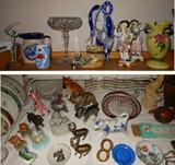 Hull Vase, Murano Glass Dolphin, Cut Glass Compote, Mud Man Fishing, Vintage Ceramics, Vintage Adding Machine and Metal and Porcelain Animal Figurines