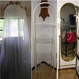 Mosquito Netting, Faux Metal Bamboo Shelving Unit and Hollywood Regency Style Floor Mirror