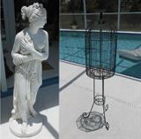Tall Signed Statue and Metal Birdcage on Stand
