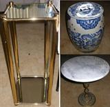 Very Nice Mid Century Modern Mirrored Glass and Metal Fern Stand, Asian Garden Bench and Small Marble Top Table