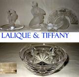 Lalique Perfume and 3 Other Excellent Lalique Pieces and Fabulous Tiffany Bowl, all marked