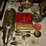 Sterling Silver Spoons, Very Nice Lacquered Box, Waterford Clock, Interesting Lucite Calendar, Silver Plated Baby Utensils in Original Box, Vintage Painted Pie Servers and Nice Religious Wall Sconce