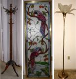 Gorgeous Vintage Coat Rack, Painted Glass Door measuring 5ft. 7 1/2 in. High and tall Floor lamp with Water Lily Type Shade