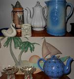 Blue Salt Glazed Pitcher in Very Good Condition, Gerz Stein, Lenox pcs, Vintage & Heavy Marked White Teapot, Metal Florida Style Wall Art and more
