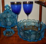 Fantastic Fostoria Blue Coin Glass Candy Dish and Bowl and 2 Cobalt Wine Glasses with Gold Trim