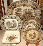 Antique Brown and White/Cream Transferware Large Platter, Small Platter and Plates