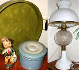 Blue Salt Glazed Cheese Crock with Good Luck Swastika Decoration, Vintage Kraftware Vinyl Covered Tray, Lovely Milk Glass Electrified Oil Lamp